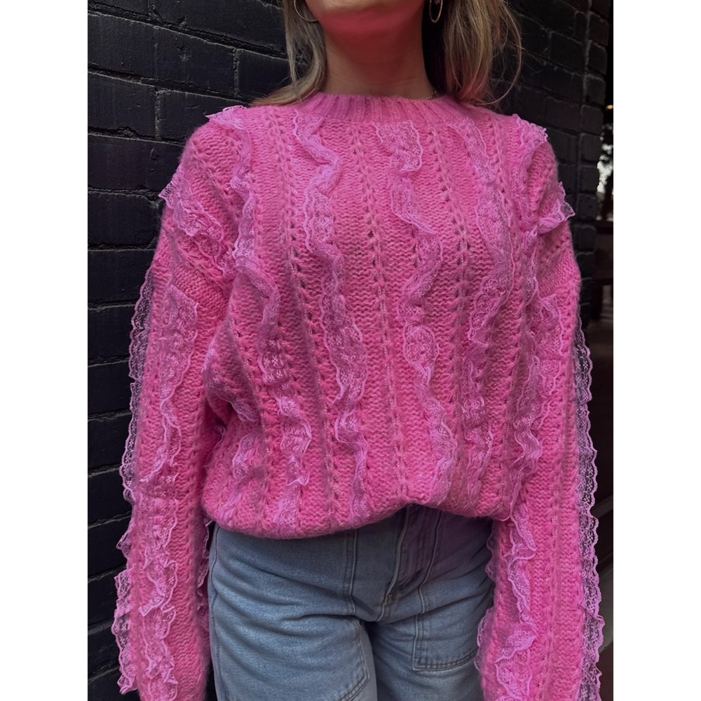 Zara - Blogger Fave - Pink Sweater - Wool Blend Ruffle Lace - Size Large